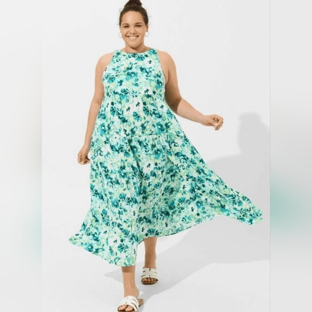 NWT 2X TORRID Maxi Washable Gauze Halter Tiered Dress~ watercolor Floral